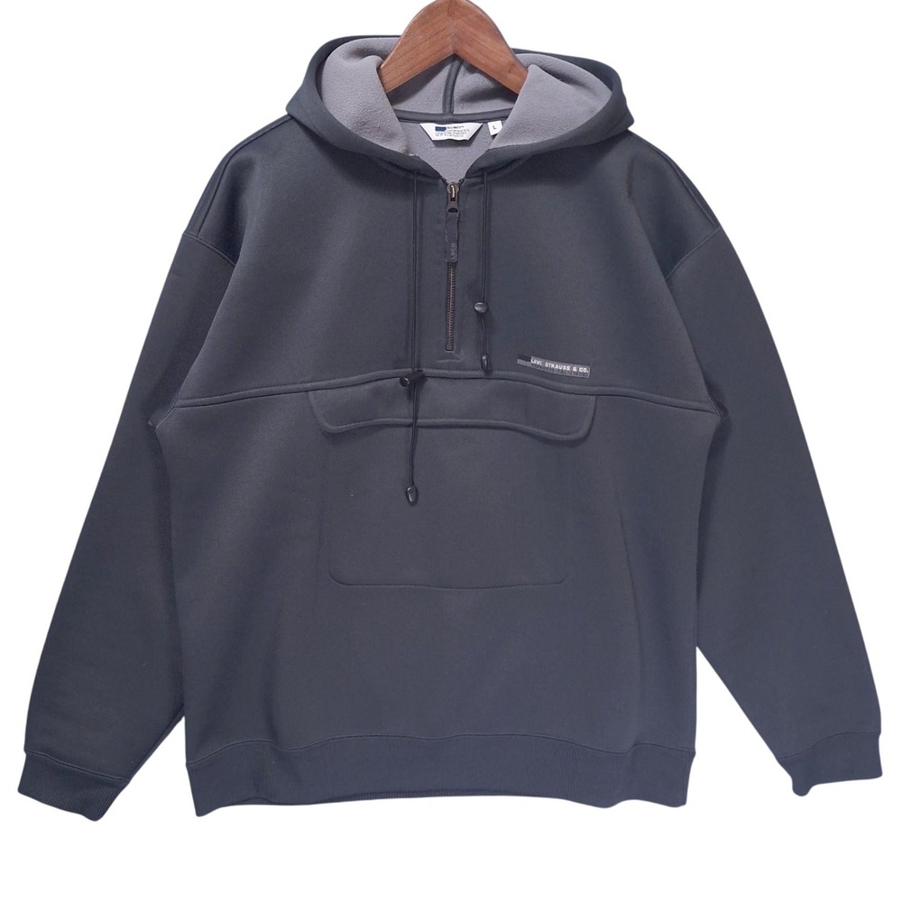 Vtg Levi's All Duty‎ Pullover Hoodie Anorak Fleece Lined Half Zip Mens L Gray